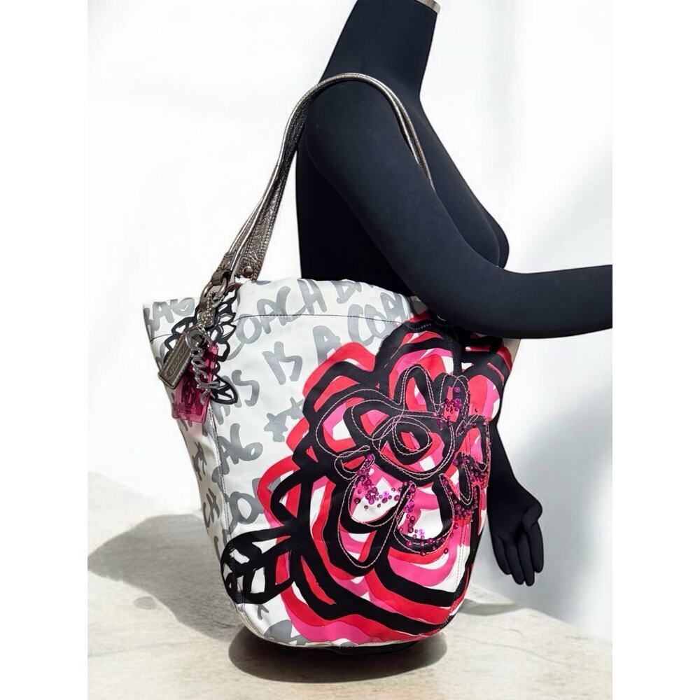 Y2K Coach 14735 Poppy Floral Graffiti North South Tote Bag - Picture 7 of 12